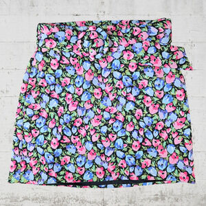 Zara Black Pink Pastel Floral Belted High Waisted Cottage Mini Skirt Size Small